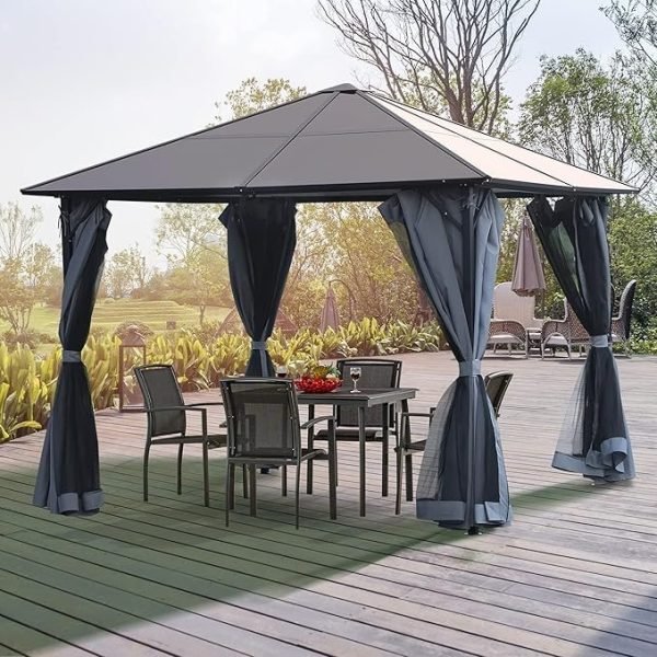 Outsunny Cenador de Jardín 3x3 m con Marco de Aluminio Pabellón de Exterior con Techo de Policarbonato 4 Cortinas Laterales y 4 Mosquiteras con Cremalleras Gazebo para Fiestas Eventos Multicolor – Bild 1